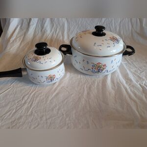 2/90$ Elegant Floral Enamel Cookware Set with Black Handles